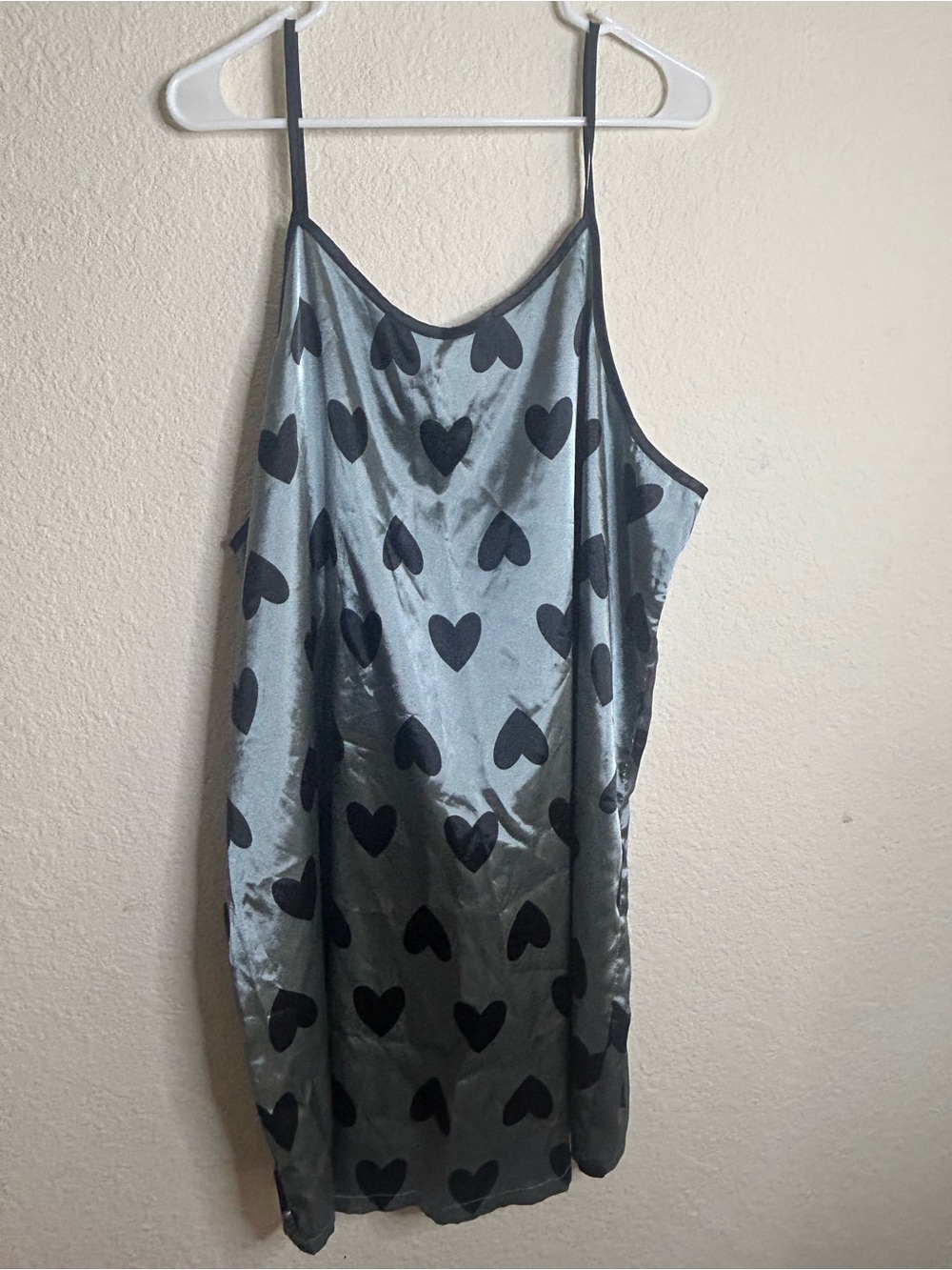 Silky Heart-Print Slip Dress‎ - Steel Blue/Black Plus Size 2xl  Sleep Wear Gown